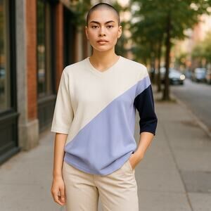 VECCELI ITALY Asymmetrical Pullover Blue Black White Tunic Sweater ~ Women's MED